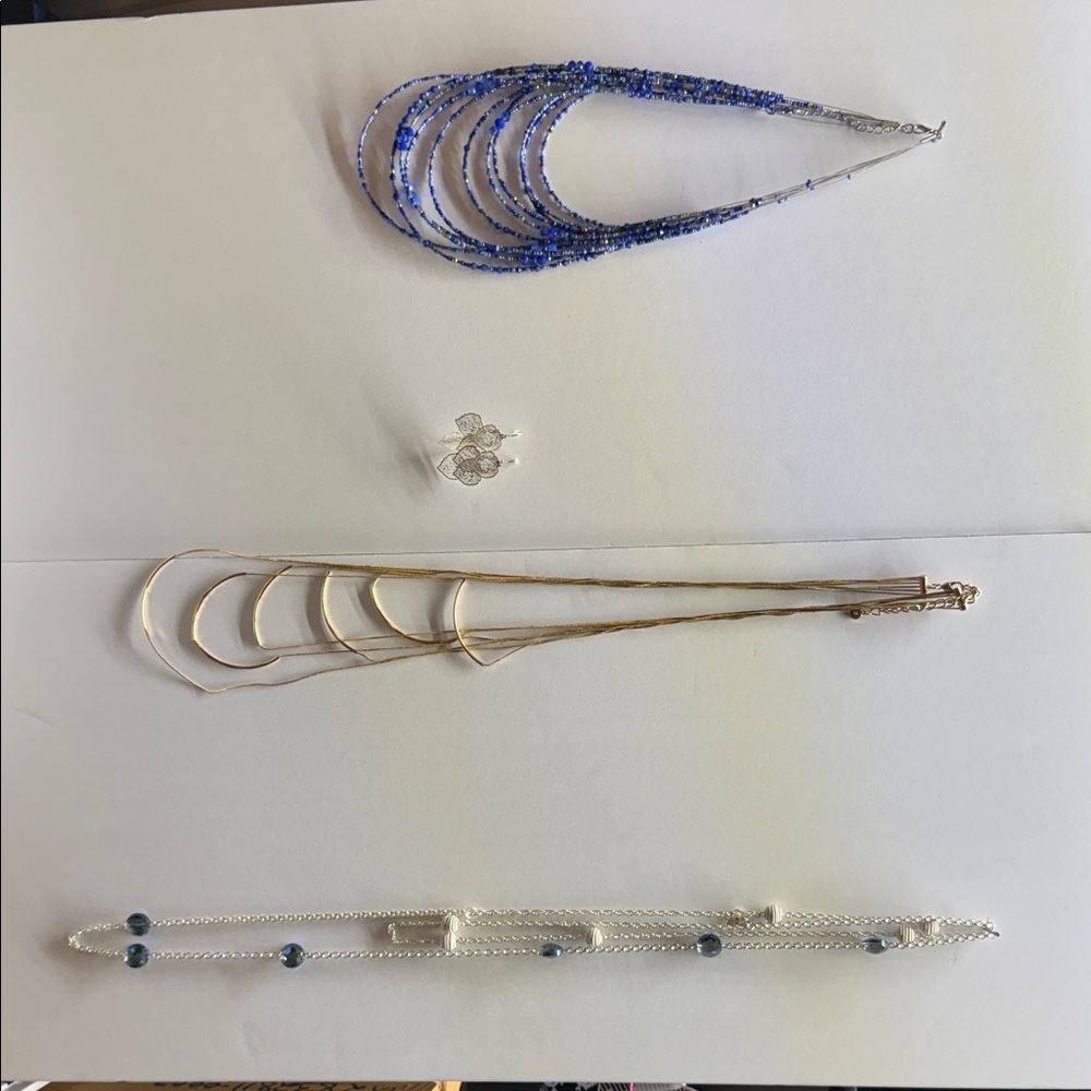 Set of necklaces in Blue, Gold, and Silver one pair earrings